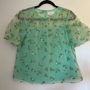 Sz 2P Anthropologie Mint Green Floral Embroidered Sheer Blouse